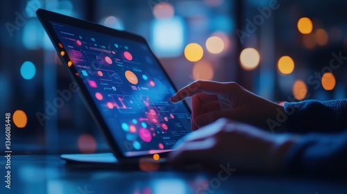 A social media strategist planning posts on a tablet, with a computer showing social media platforms and performance metrics in the background