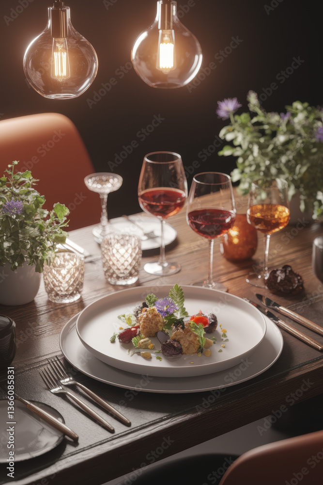 Elegant Fine Dining Experience with Gourmet Meal and Wine in Cozy Ambient Lighting Elegant Fine Dining Experience with Gourmet Meal and Wine in Cozy Ambient Lighting