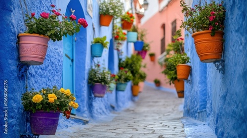 Vibrant alleyway with colorful flowerpots