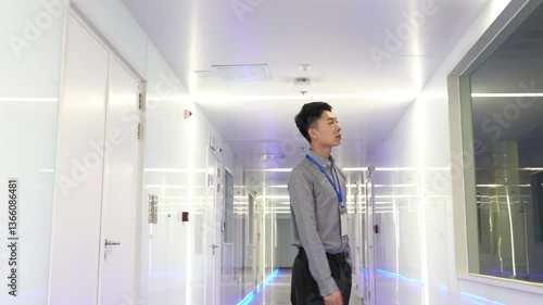 Wallpaper Mural Researcher and Technician Occupational Data Center, Man inspecting servers in a modern facility. Torontodigital.ca