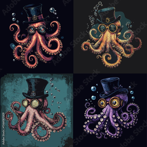 Whimsical steampunk octopus characters with top hats and goggles in underwater settings. Perfect for fantasy art, posters, apparel, tattoo designs, and creative marine illustrations.


