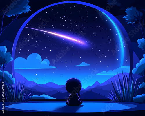 Night scene with shooting star, silhouette figure observing from a rounded doorway