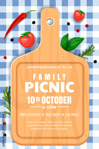 Cutting board, leaves, chili on checkered tablecloth or plaid. Cooking or picnic banner background. Vector illustration
