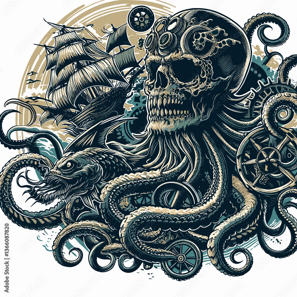 A skull with a skeleton's head on a ship A skull with a skeleton's head on a ship