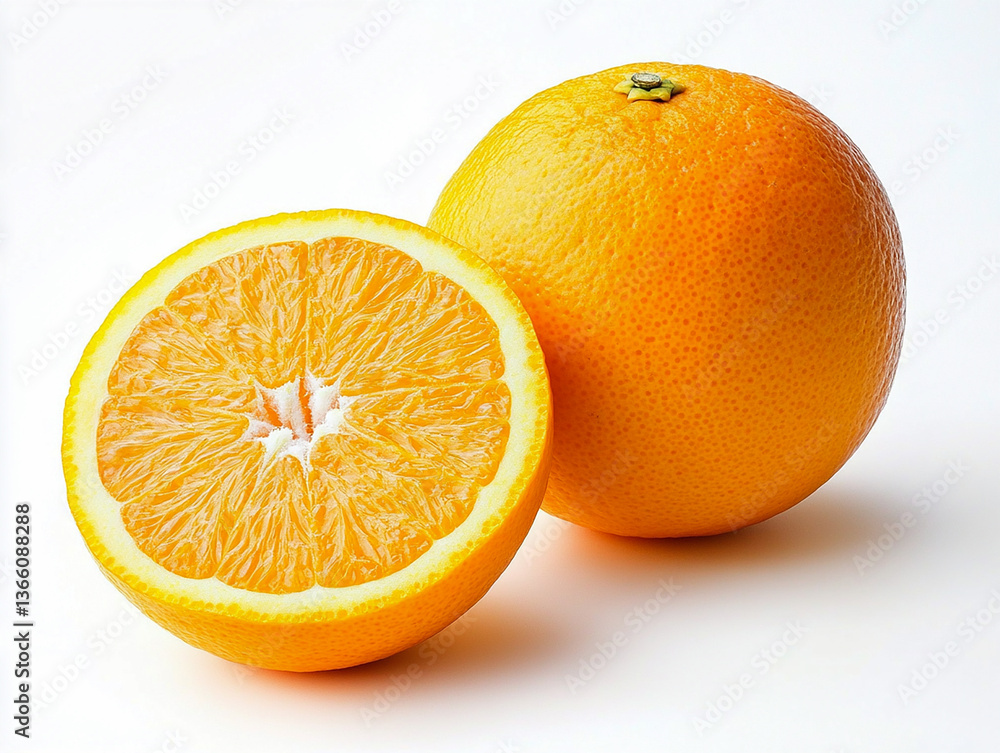 Fototapeta premium A whole and half orange isolated on a white background. Close-up.