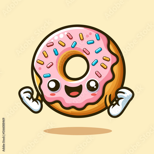 A cartoon donut with sprinkles and a smiley face