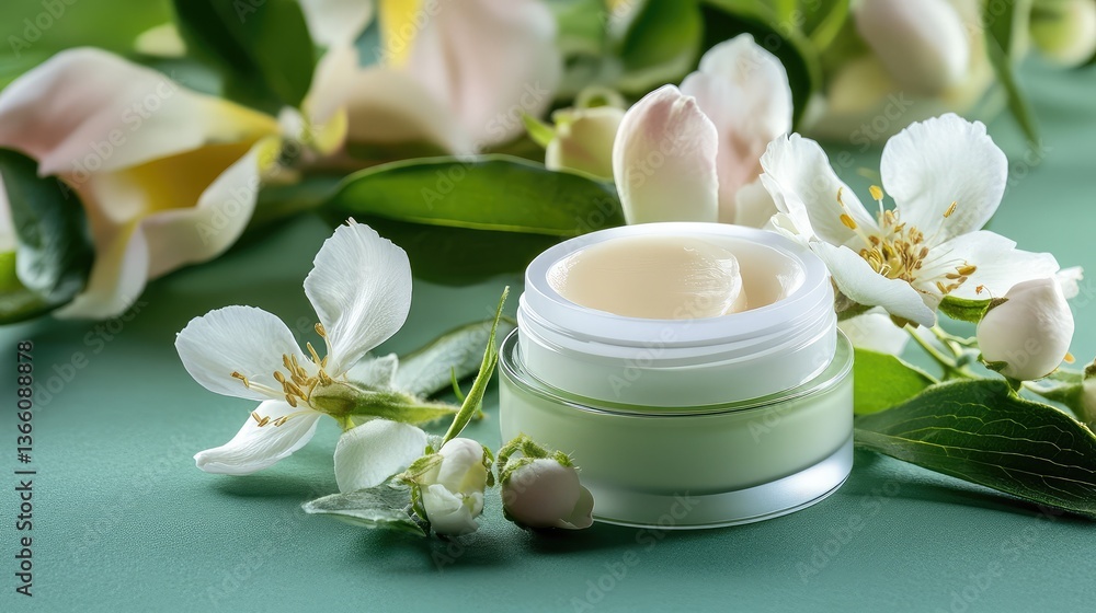 Open and closed lip balm containers arranged with fresh flowers on a pastel green background, copy space available. Open and closed lip balm containers arranged with fresh flowers on a pastel green background, copy space available.