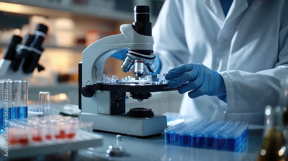 A biologist conducting research in a laboratory, analyzing samples under a microscope, with test tubes, petri dishes, and scientific equipment around them A biologist conducting research in a laboratory, analyzing samples under a microscope, with test tubes, petri dishes, and scientific equipment around them