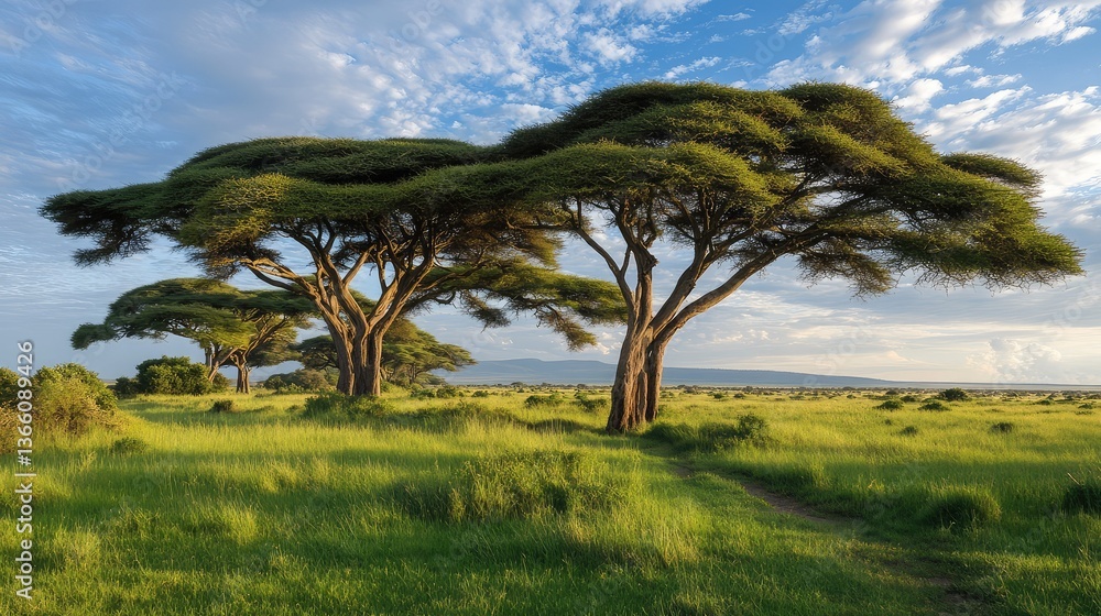 The quiet beauty of the Amboseli savannah at sunset, golden light casting long shadows over the acacia trees, creating a peaceful, untouched landscape. The quiet beauty of the Amboseli savannah at sunset, golden light casting long shadows over the acacia trees, creating a peaceful, untouched landscape.