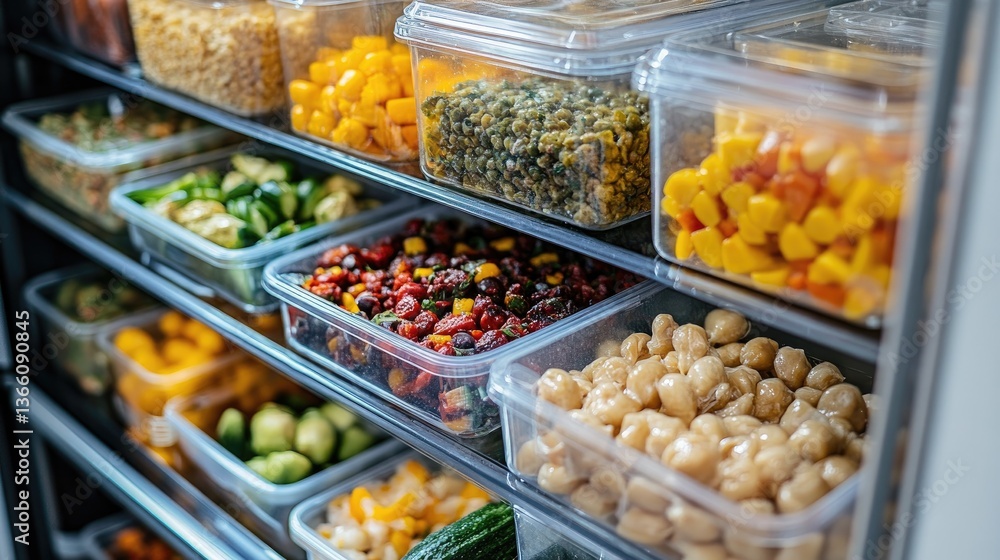 Neatly filling refrigerator shelves, labeled food storage containers promote easy access and organization. Neatly filling refrigerator shelves, labeled food storage containers promote easy access and organization.
