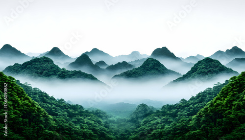 Misty mountain range with lush green forests