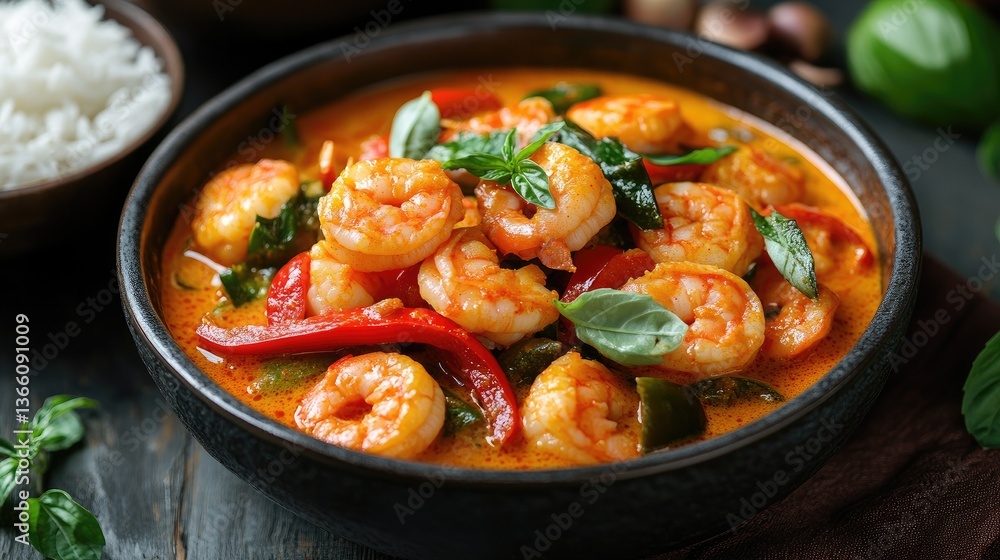 A bowl of spicy Thai red curry with shrimp, bell peppers, and Thai basil, complemented by a side of coconut rice, invites culinary adventure. A bowl of spicy Thai red curry with shrimp, bell peppers, and Thai basil, complemented by a side of coconut rice, invites culinary adventure.