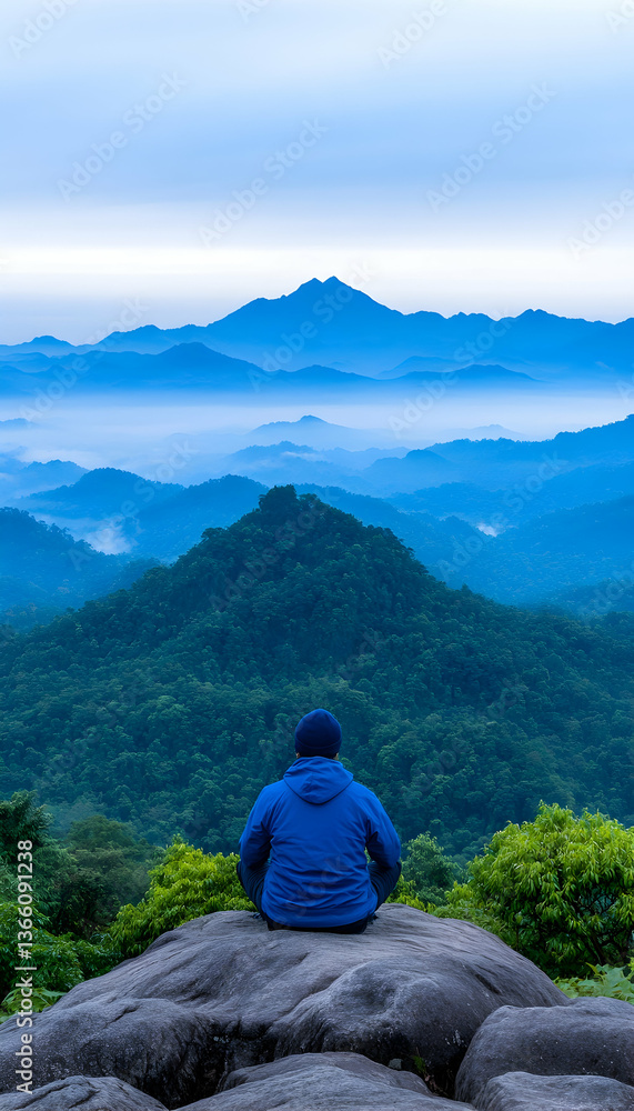 Fototapeta premium Person meditates atop a rock, overlooking a misty mountain range at dawn