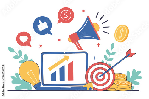 99 Digital marketing strategy, social media growth, colorful icons, rising blue arrows, laptop screen, megaphone, thumbs up, target bullseye, light bulb idea, gold coins, vector illustration, flat des