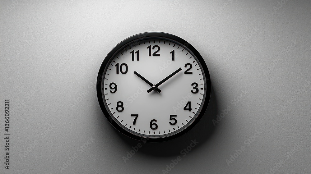 Wall clock showing time, simple background, office setting, time management concept Wall clock showing time, simple background, office setting, time management concept