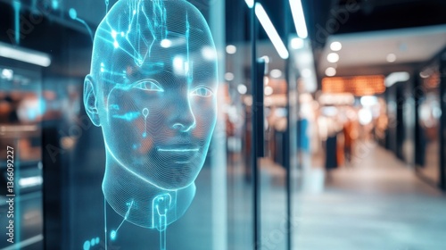 An AI powered facial recognition payment system allowing users to make purchases using their face for identification, Retail technology style, photo of