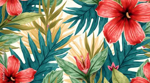 Natural Bark Texture Featuring Tropical Plants, Palm Trees, and Floral Details – Copy Space  
