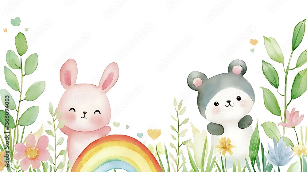 Naklejka premium design cute animal with water color style in white background isolated on white,remain space between border each corner 
