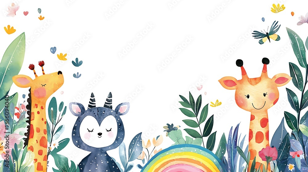 Naklejka premium design cute animal with water color style in white background isolated on white,remain space between border each corner 