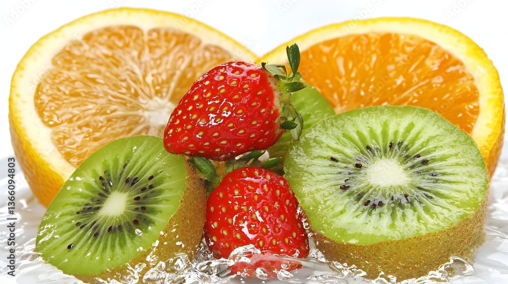 Colorful Arrangement of Fresh Sliced Fruits Including Kiwi, Orange and Strawberry on a Wet Surface Colorful Arrangement of Fresh Sliced Fruits Including Kiwi, Orange and Strawberry on a Wet Surface