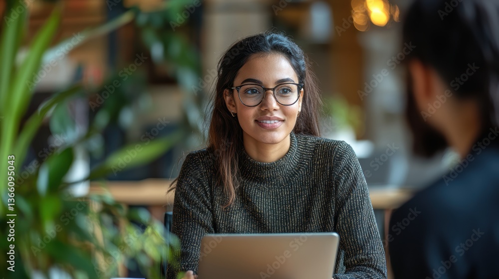 A human resources manager conducting an interview with a candidate, with resumes, a laptop, and a comfortable office setting A human resources manager conducting an interview with a candidate, with resumes, a laptop, and a comfortable office setting