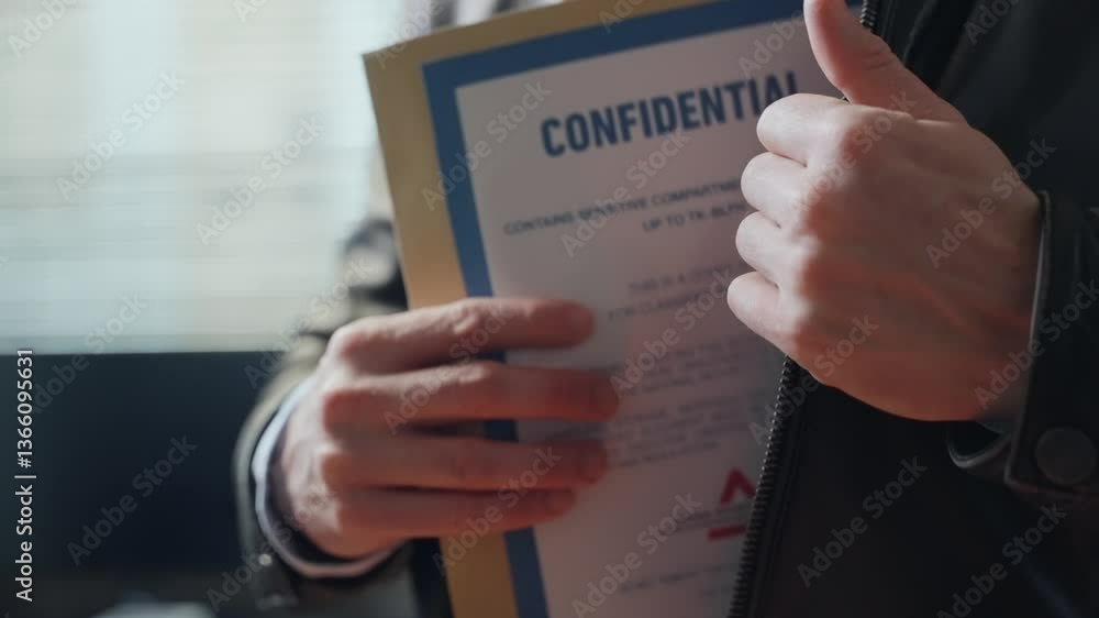 Man discreetly tucks confidential or top-secret folder into leather jacket, secrecy and tension. Espionage, hidden intelligence, classified documents, as deception and intrigue. spy undercover agent Man discreetly tucks confidential or top-secret folder into leather jacket, secrecy and tension. Espionage, hidden intelligence, classified documents, as deception and intrigue. spy undercover agent