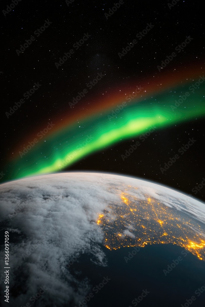 Obraz premium Vibrant aurora dances above illuminated continents, capturing co