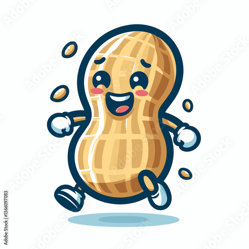 A cartoon peanut is running and smiling
