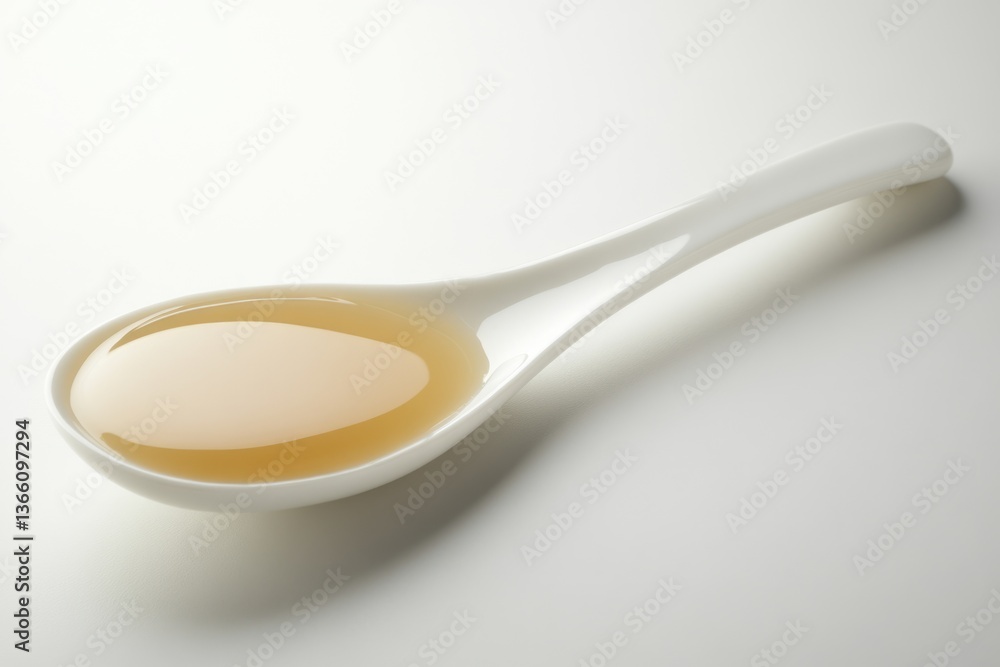 A white porcelain spoon holds a spoonful of light amber liquid, possibly oil or sauce. A white porcelain spoon holds a spoonful of light amber liquid, possibly oil or sauce.