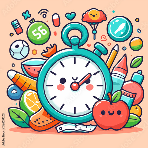 A cartoon drawing of a clock with a smiling face