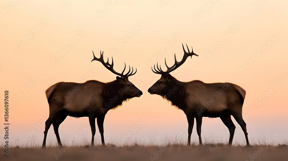 Obraz premium Silhouette Of Two Elk Facing Each Other At Sunset