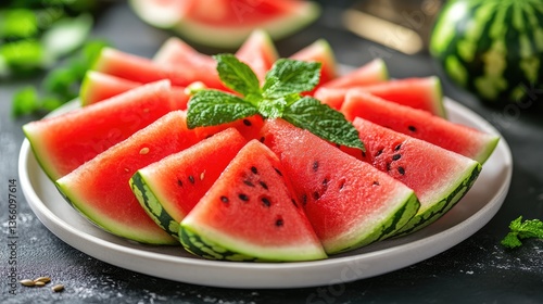 Beautifully sliced watermelon arranged on a white plate in an appealing pattern, emphasizing its bright freshness under soft natural light.