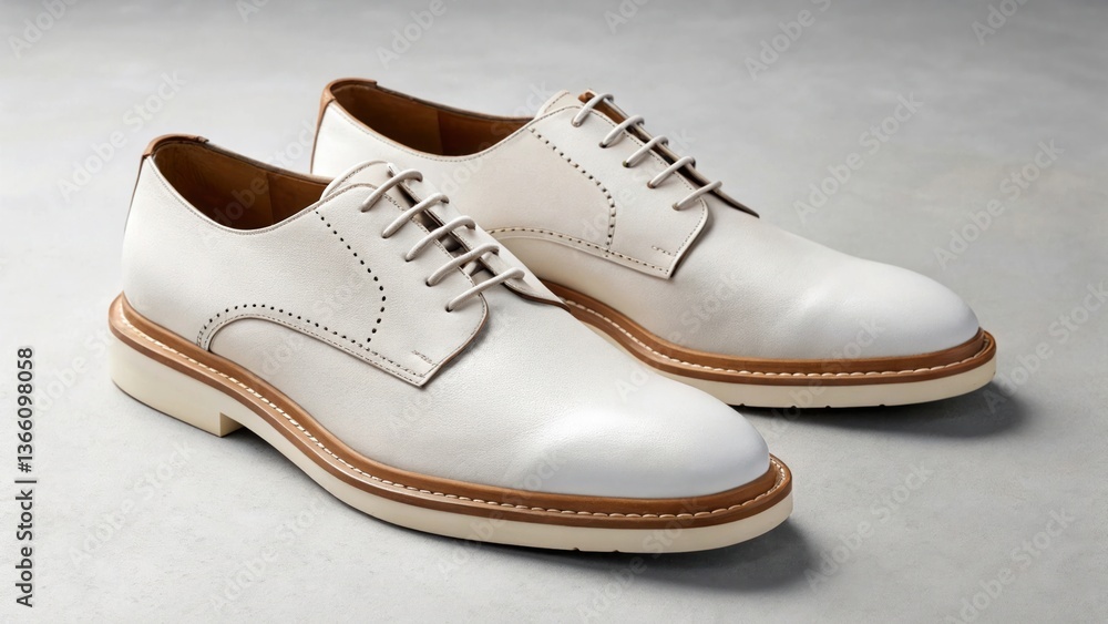 Pair of white leather dress shoes with brown details on a neutral background Pair of white leather dress shoes with brown details on a neutral background