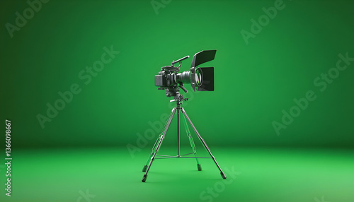 Professional video camera and lighting setup on green screen