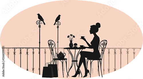 Elegant Woman Silhouette Enjoying Tea at Outdoor Cafe with Birds & Shopping Bags - Chic Vector Illustration