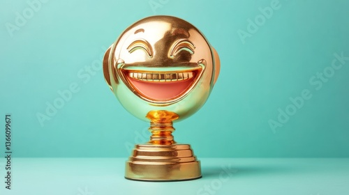 Golden laughing emoji trophy award.