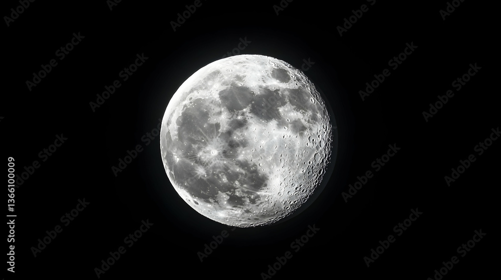 Fototapeta premium Detailed lunar surface illuminated in night sky with craters shadows and textured silver orb against a black background