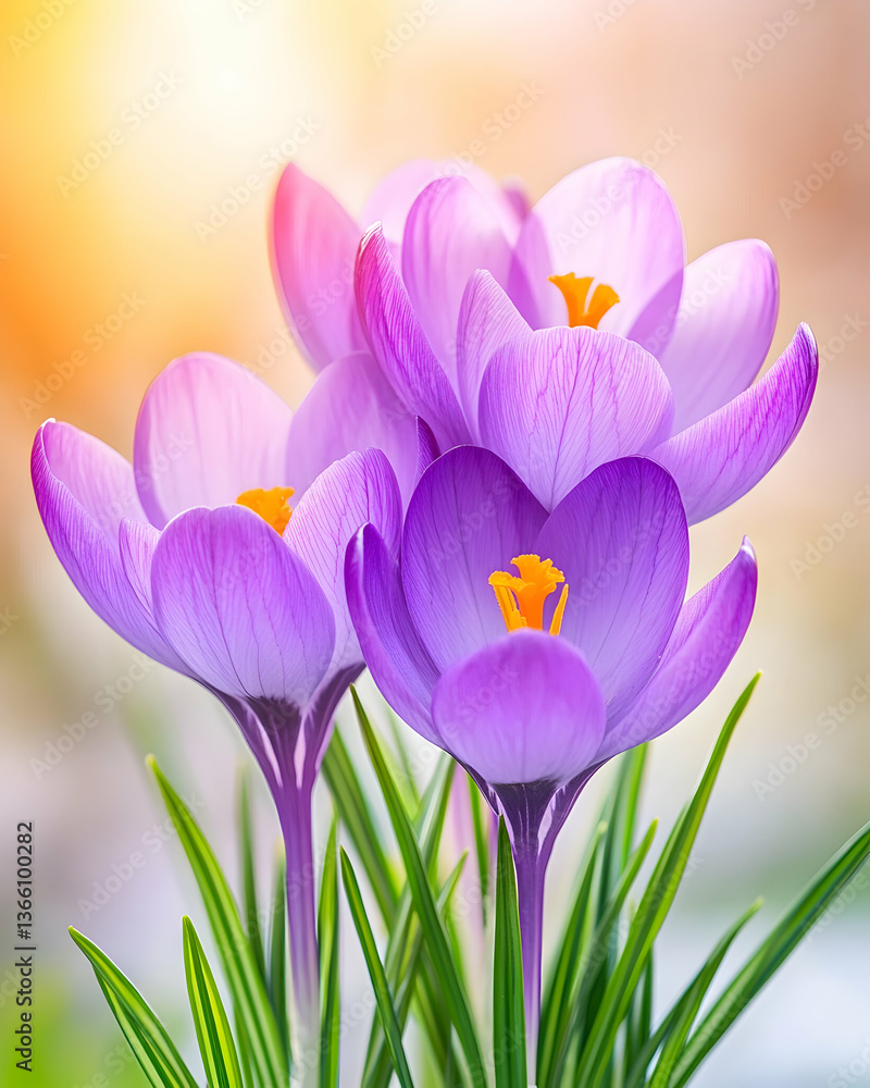 Fototapeta premium Purple crocuses bloom with vibrant orange pistils, amidst blurred bokeh