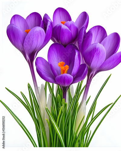 Purple crocus flowers blooming with bright orange stamen and white buds