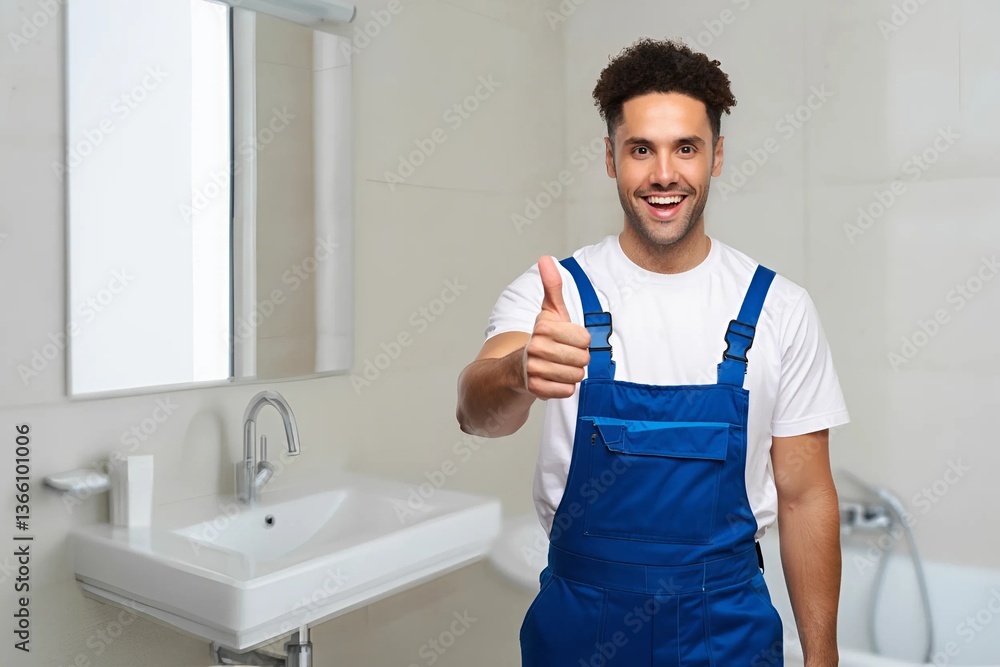 Obraz premium Jeune artisan plombier souriant avec le pouce en l'air en bleu de travail et t-shirt blanc