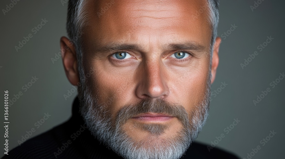 Close-up portrait of a mature man with a serious expression. He has gray hair and a gray beard, and light blue eyes Close-up portrait of a mature man with a serious expression. He has gray hair and a gray beard, and light blue eyes