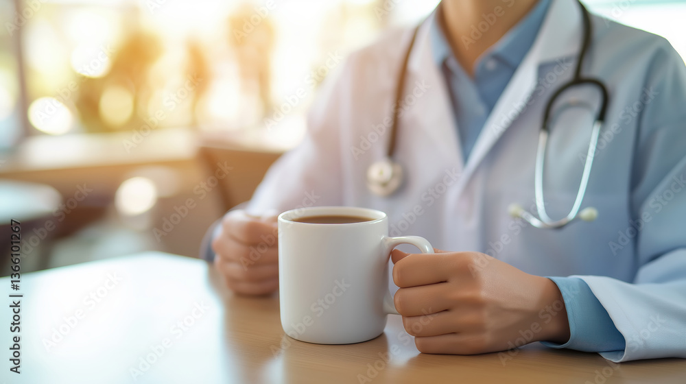Doctor holding coffee mug while seated at desk Doctor holding coffee mug while seated at desk