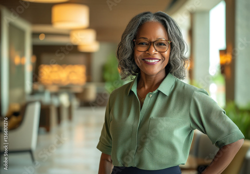 A middle-aged Black woman in professional attire stands confidently in the lobby of a contemporary hotel. She exudes warmth with her smile while offering customer service