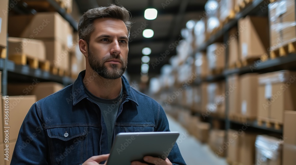 Male worker with serious expression using tablet in warehouse Male worker with serious expression using tablet in warehouse