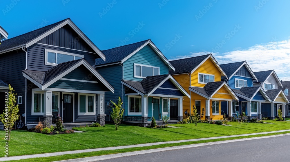Modern Colorful Homes in a Row with Clear Blue Sky Above Modern Colorful Homes in a Row with Clear Blue Sky Above