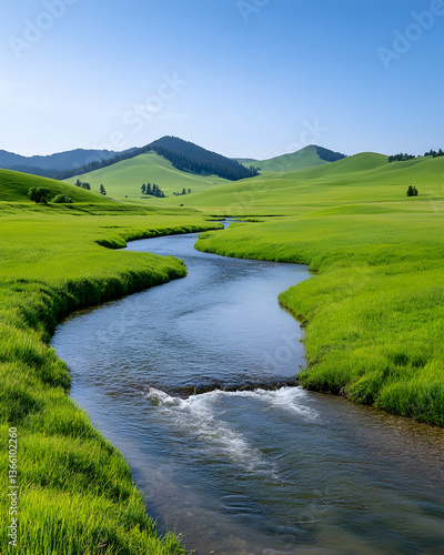 Wallpaper Mural Serene stream meanders through vibrant green valley under clear blue sky Torontodigital.ca