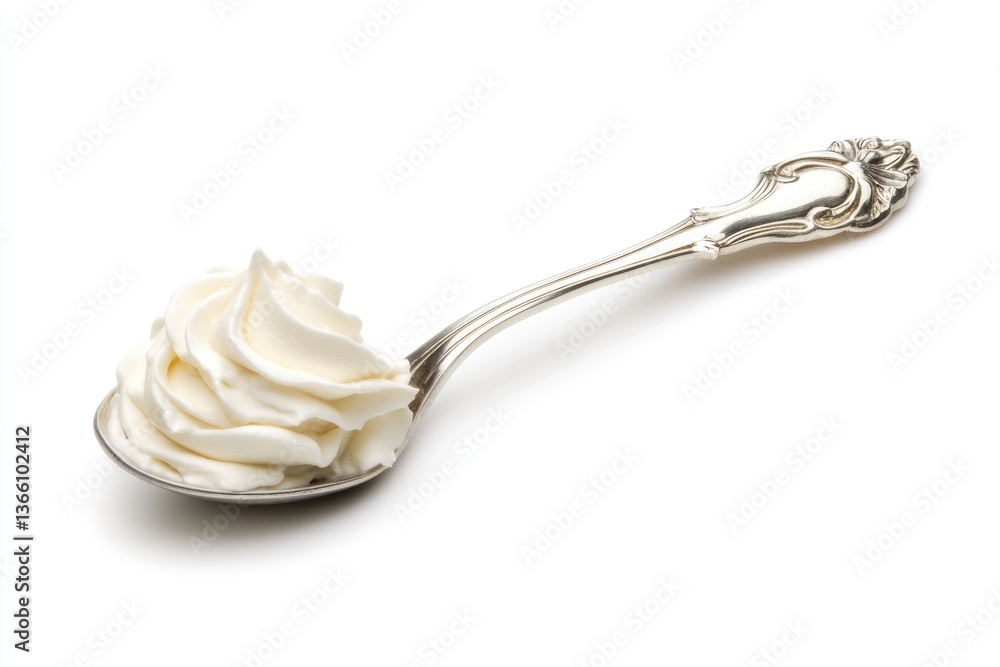 A spoonful of whipped cream sits on an ornate silver spoon against a white background. A spoonful of whipped cream sits on an ornate silver spoon against a white background.