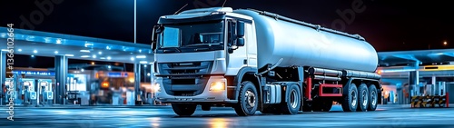 Tanker Truck at Night Gas Station.