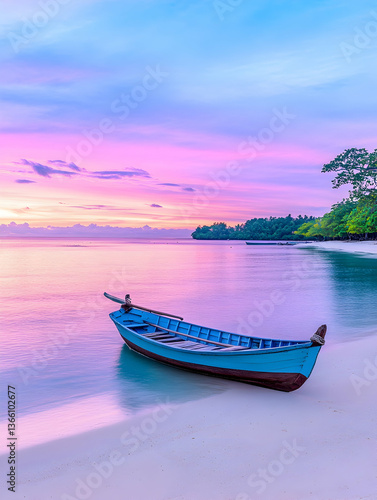 Wallpaper Mural Serene sunrise over tranquil beach with small boat Torontodigital.ca