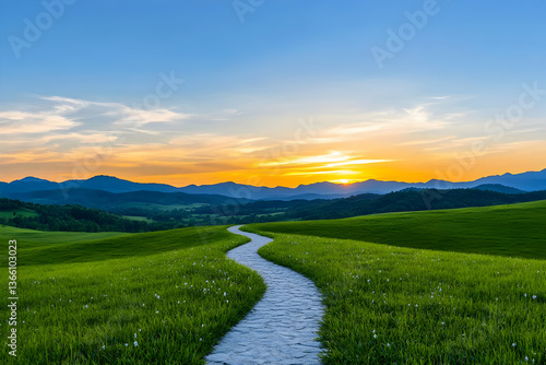 Wallpaper Mural Serene sunset over rolling hills with winding path Torontodigital.ca